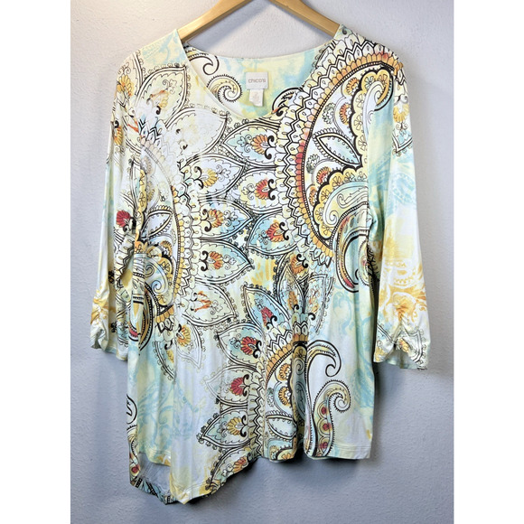 Chico's 2 chicos large Cream Mandala Angled Alyssa Ruched Sleeve Shirt bohemian - Picture 1 of 12